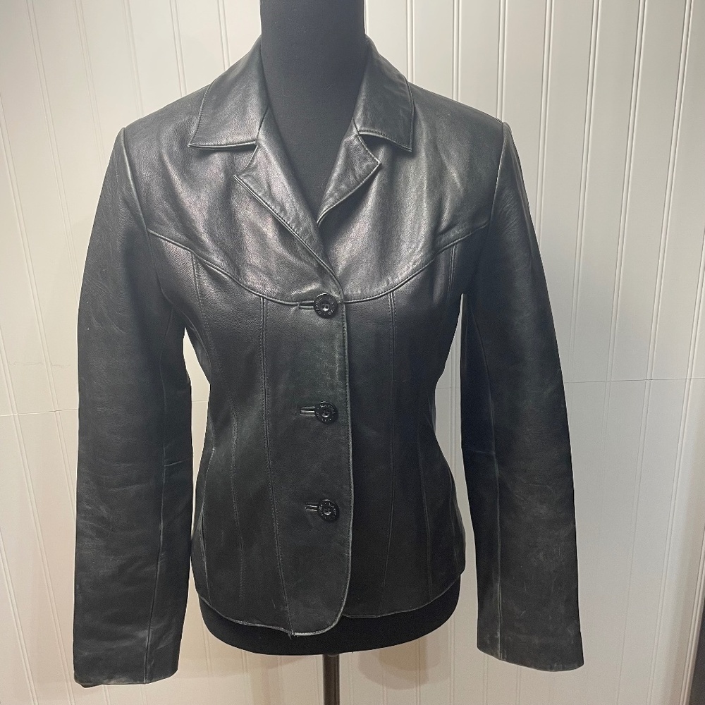 Vintage Wilson’s Fitted Distresed Leather Jacket Maxima Black Pink Lining S